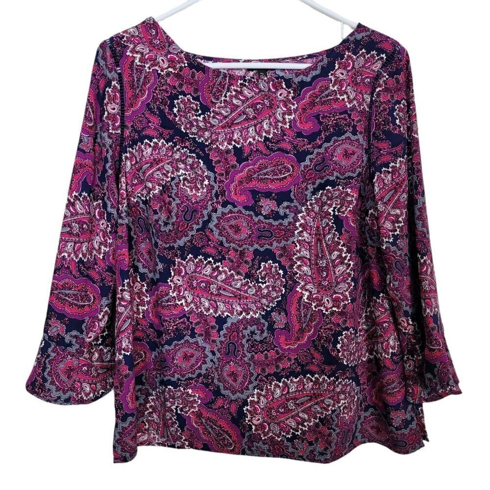 Talbots Petites Traditional Paisley 3/4 Peplum Sleeve Crepe Popover Top Sz Med P